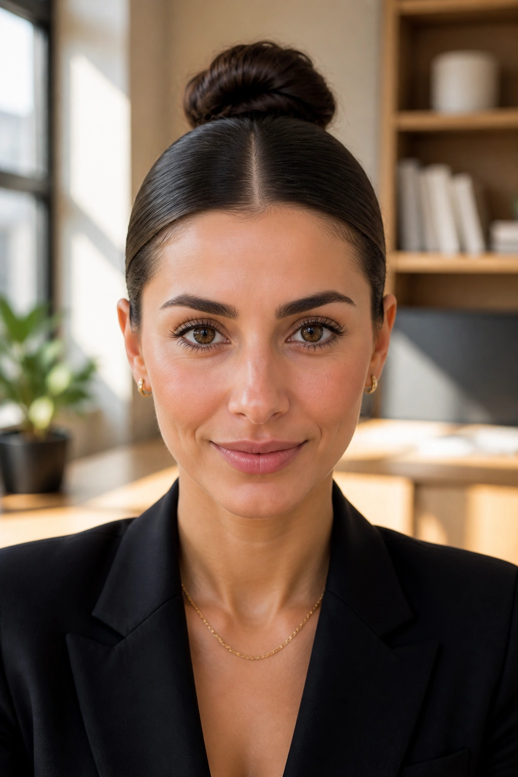 Close up of a woman with a centered knotted bun in a modern office
