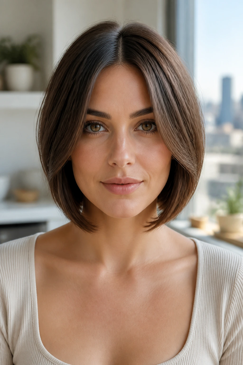 Close-up of a woman with center-parted layered bob and symmetrical balance in bright daylight.