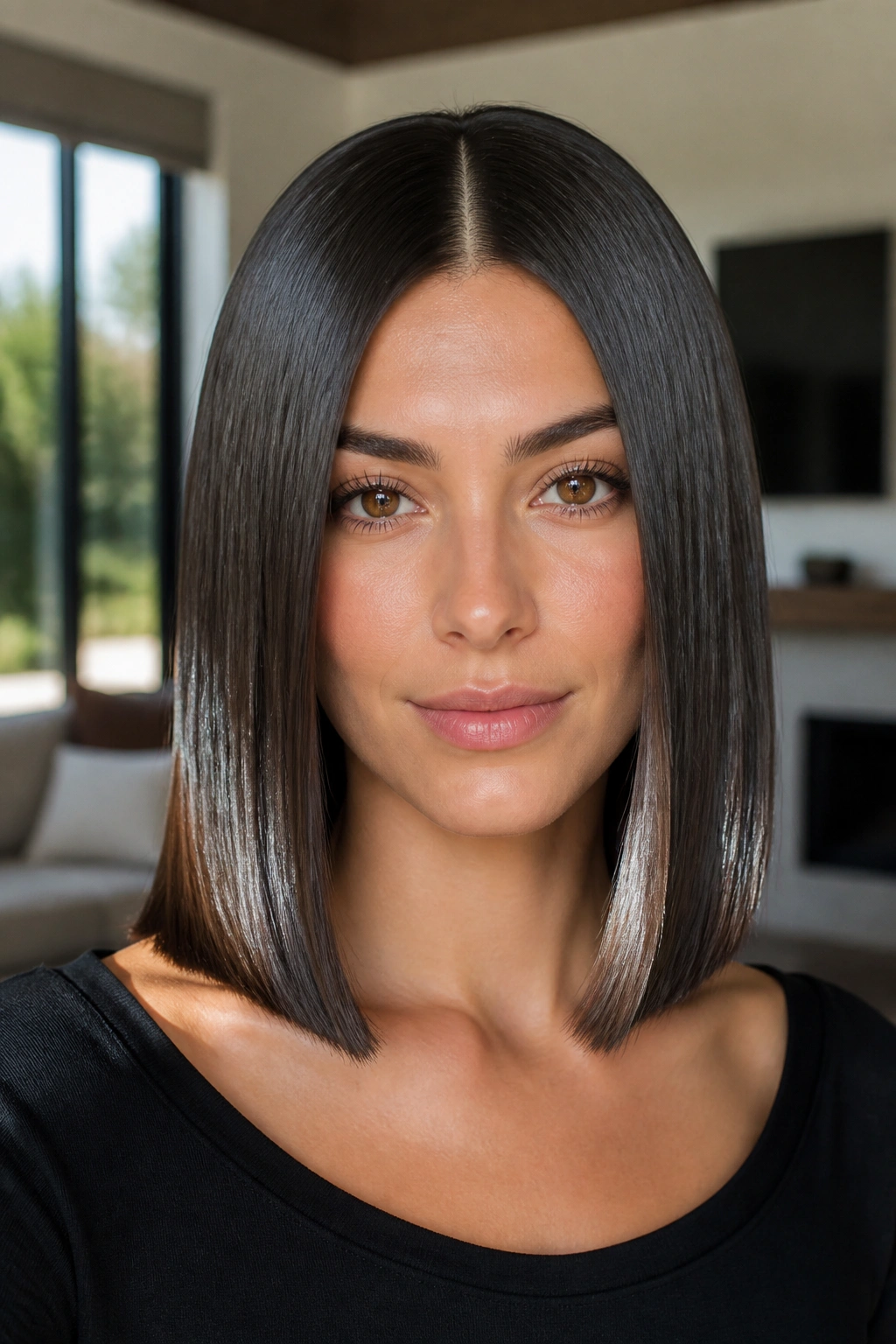 Close-up portrait of a real woman with center-part glass hair lob, glossy shine.