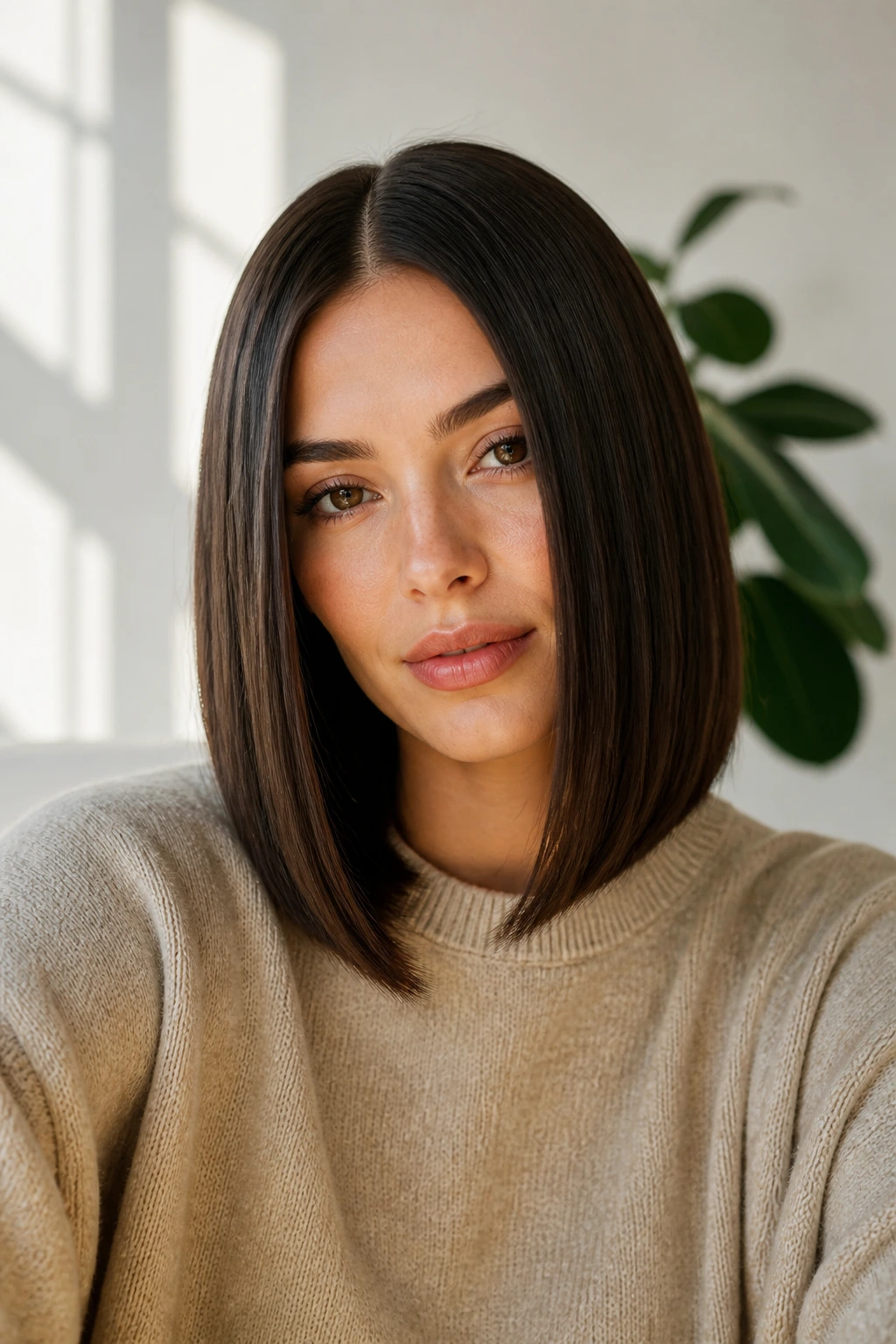 Woman with sleek center-part lob in a bright modern interior.