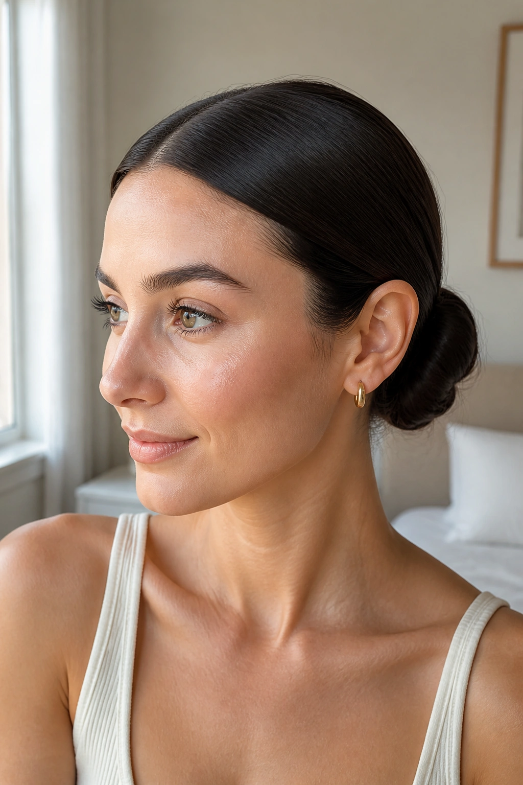 Close-up portrait of a woman with a center-part and low bun at the nape, hair smooth and glossy.