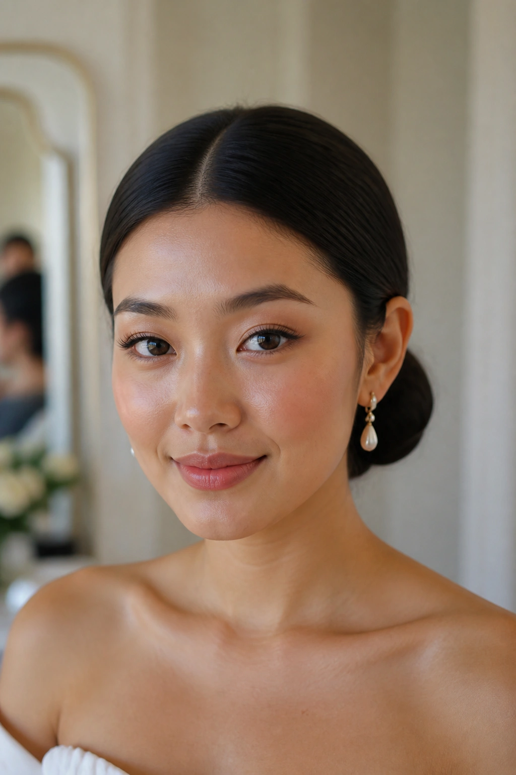 Close-up of a real woman with a center-part low bun shown clearly