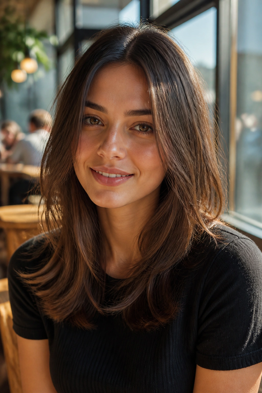 Close-up of a real woman with a center-part midi and airy layers