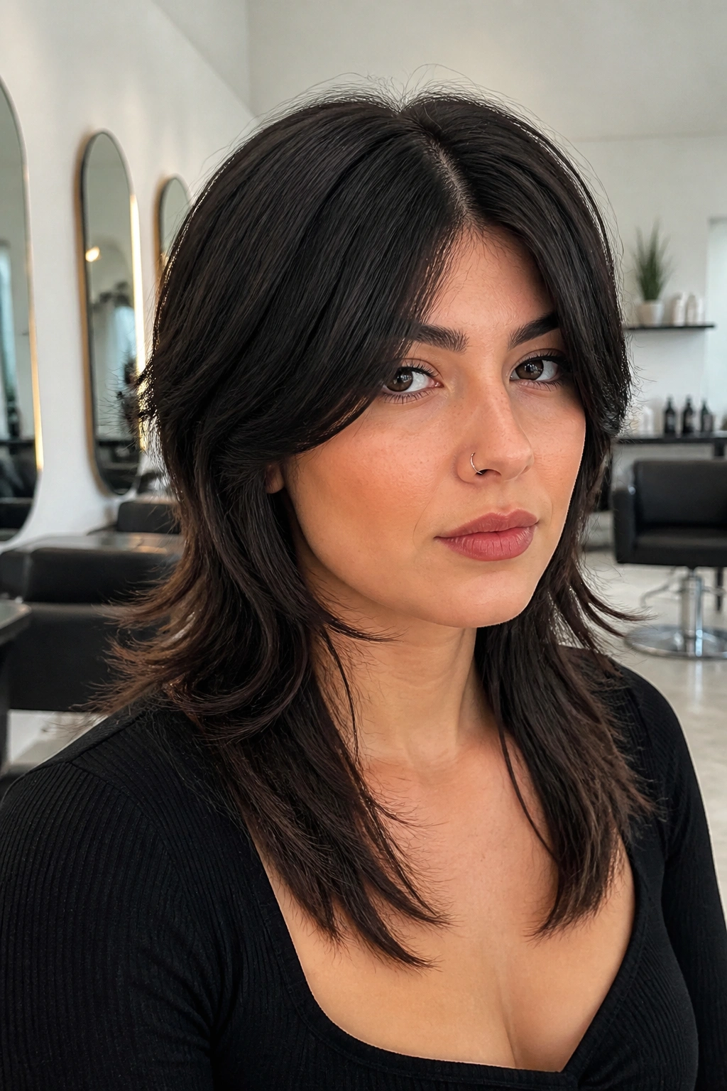 Close-up portrait of a real woman with a sleek center-part mullet