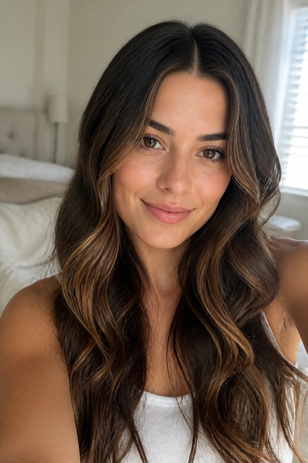 Close-up of a real woman with center-part and heatless waves in a softly lit bedroom