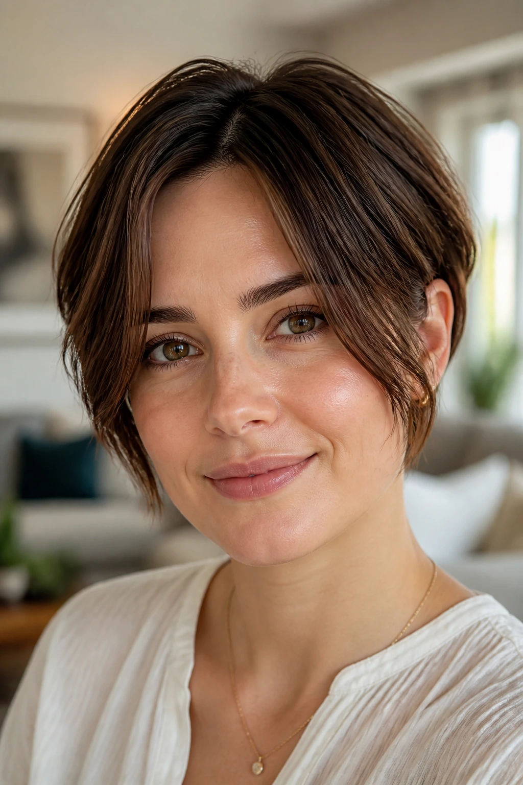 Close-up of a real woman with center-part long pixie and soft movement