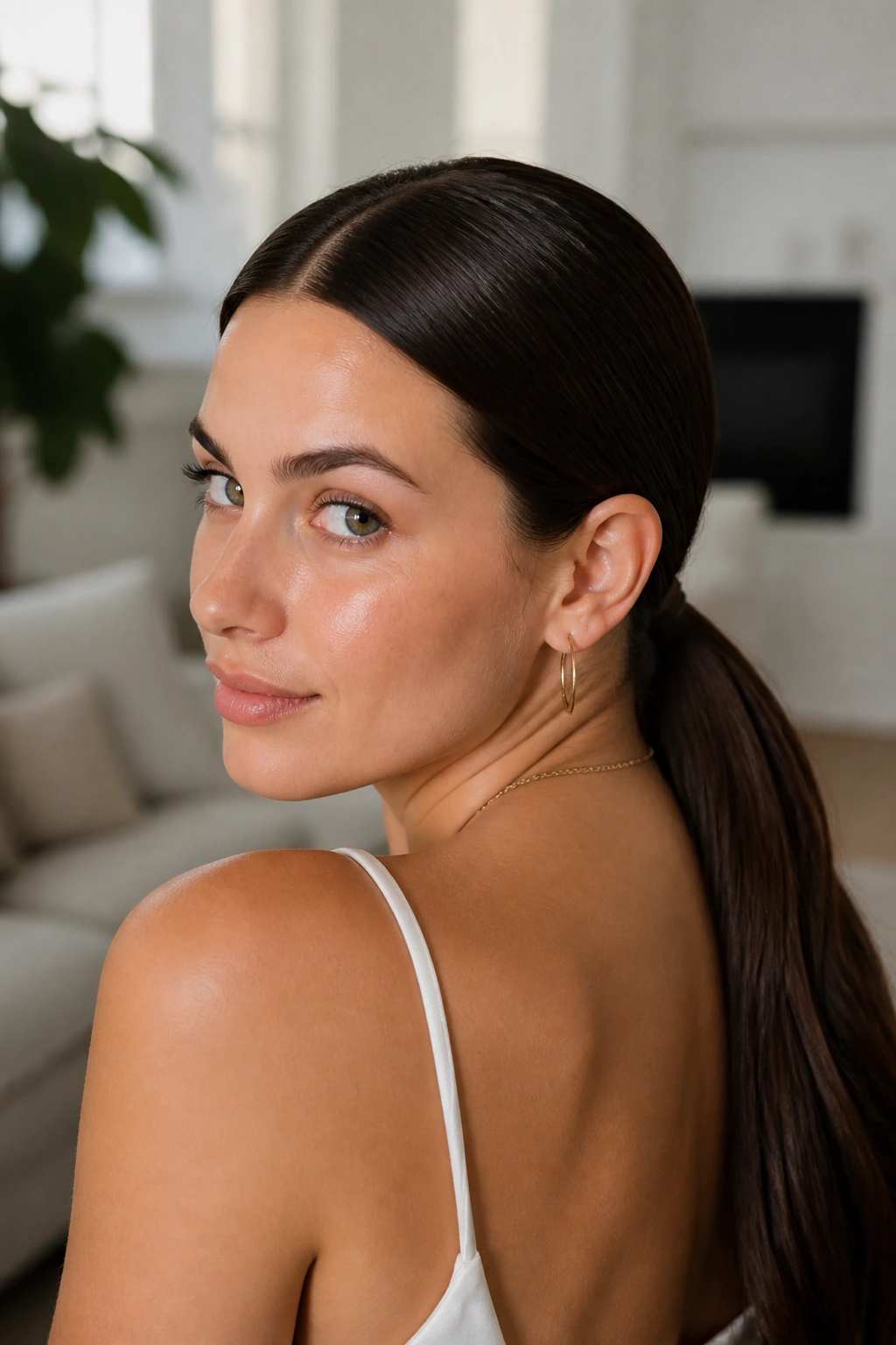 Close-up portrait of a real woman with a low center-part and a ponytail at the nape.