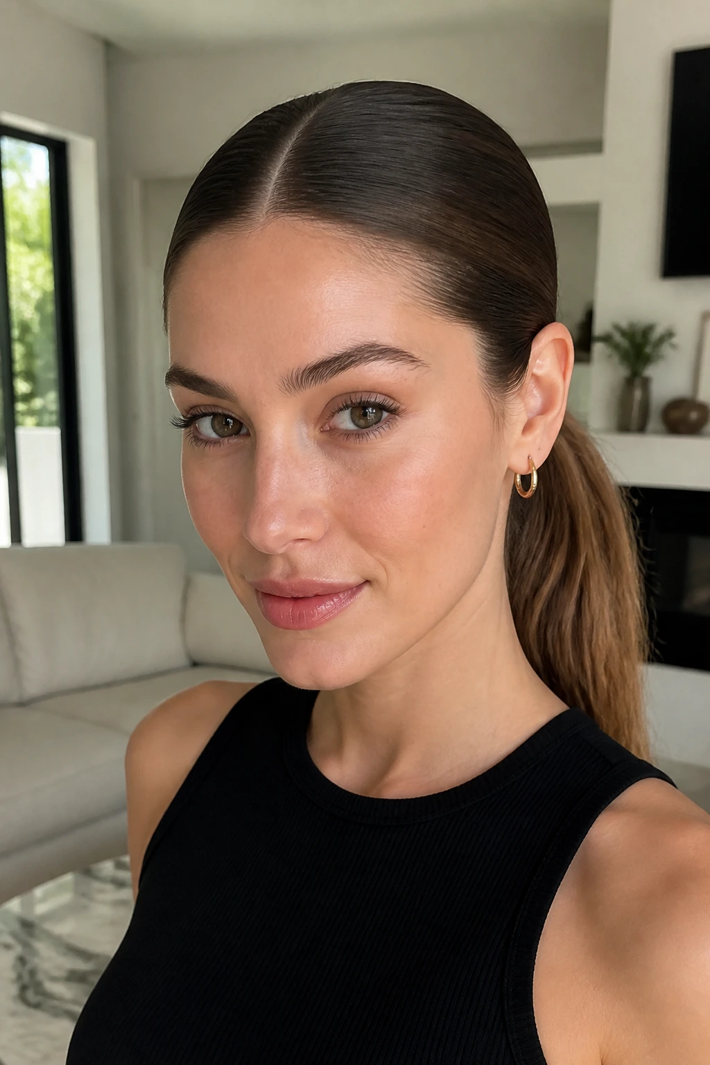 Portrait of a woman with center-part ponytail and straight hair.