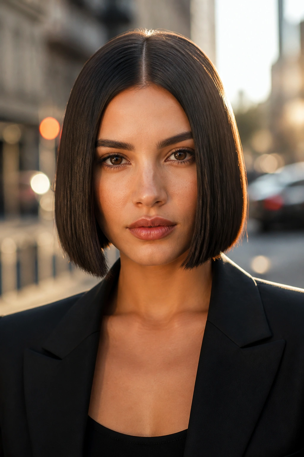 Portrait of a real person with a center-part precision bob.