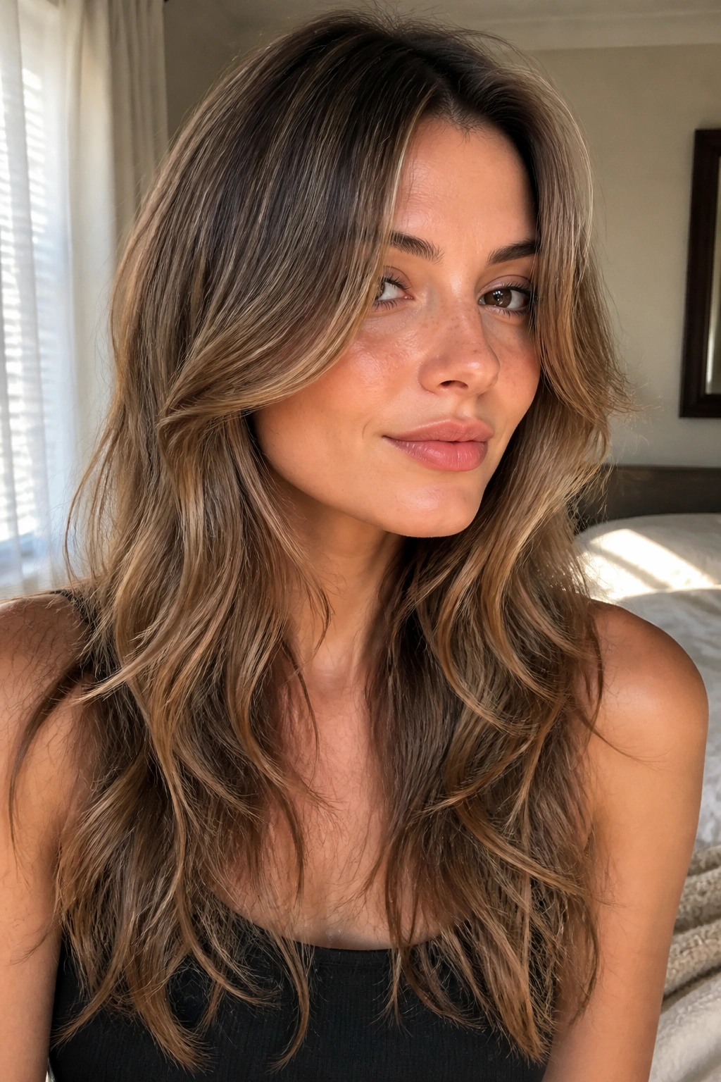 Close-up portrait of a real woman wearing a center-part shag with cheekbone framing in a sunlit bedroom