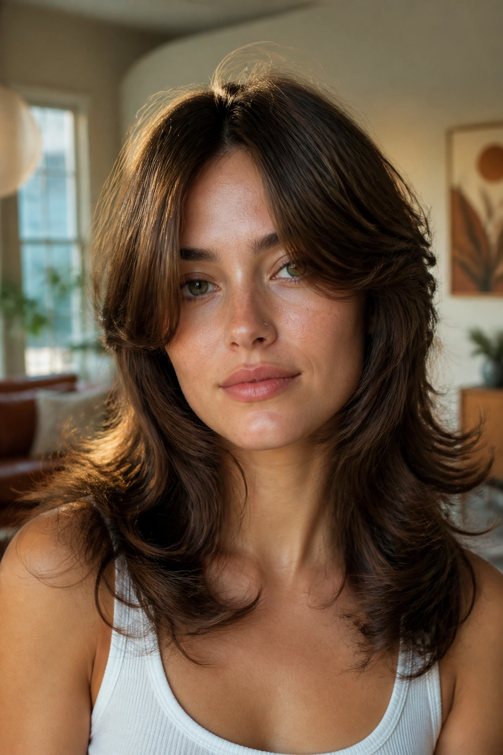 Portrait of a real person with center-part shag and flipped ends