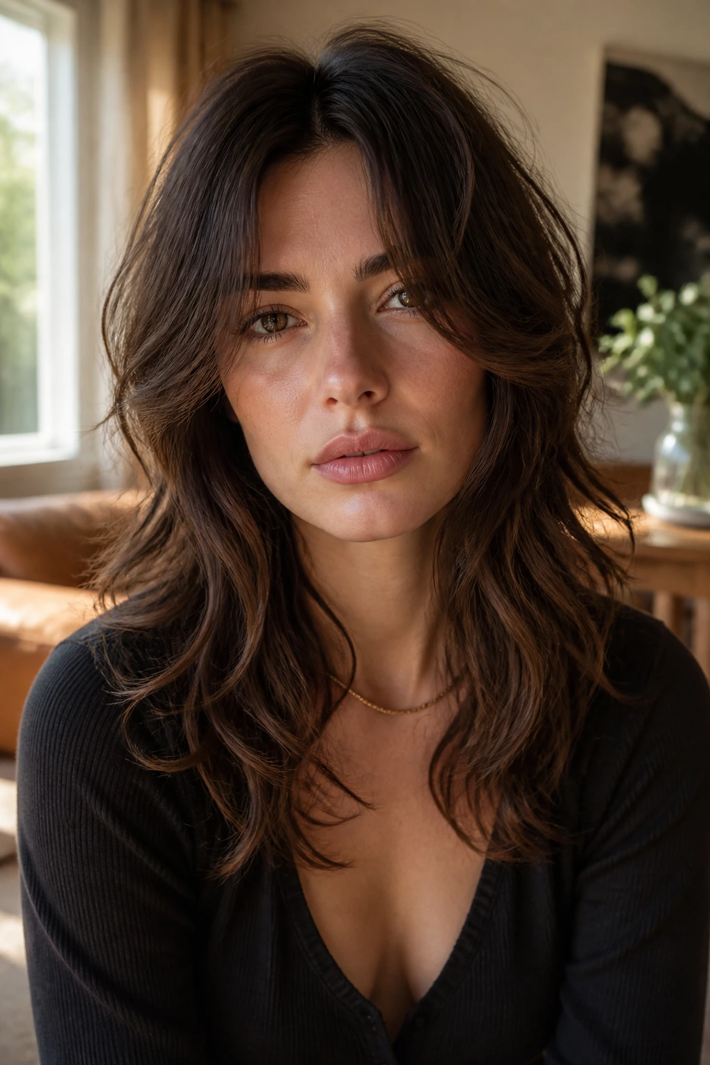 Close-up of a woman with a center-part textured shag in natural light