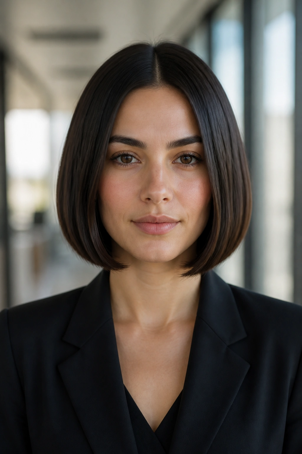 Close-up of a real woman with a center-part sleek bob in a modern hallway