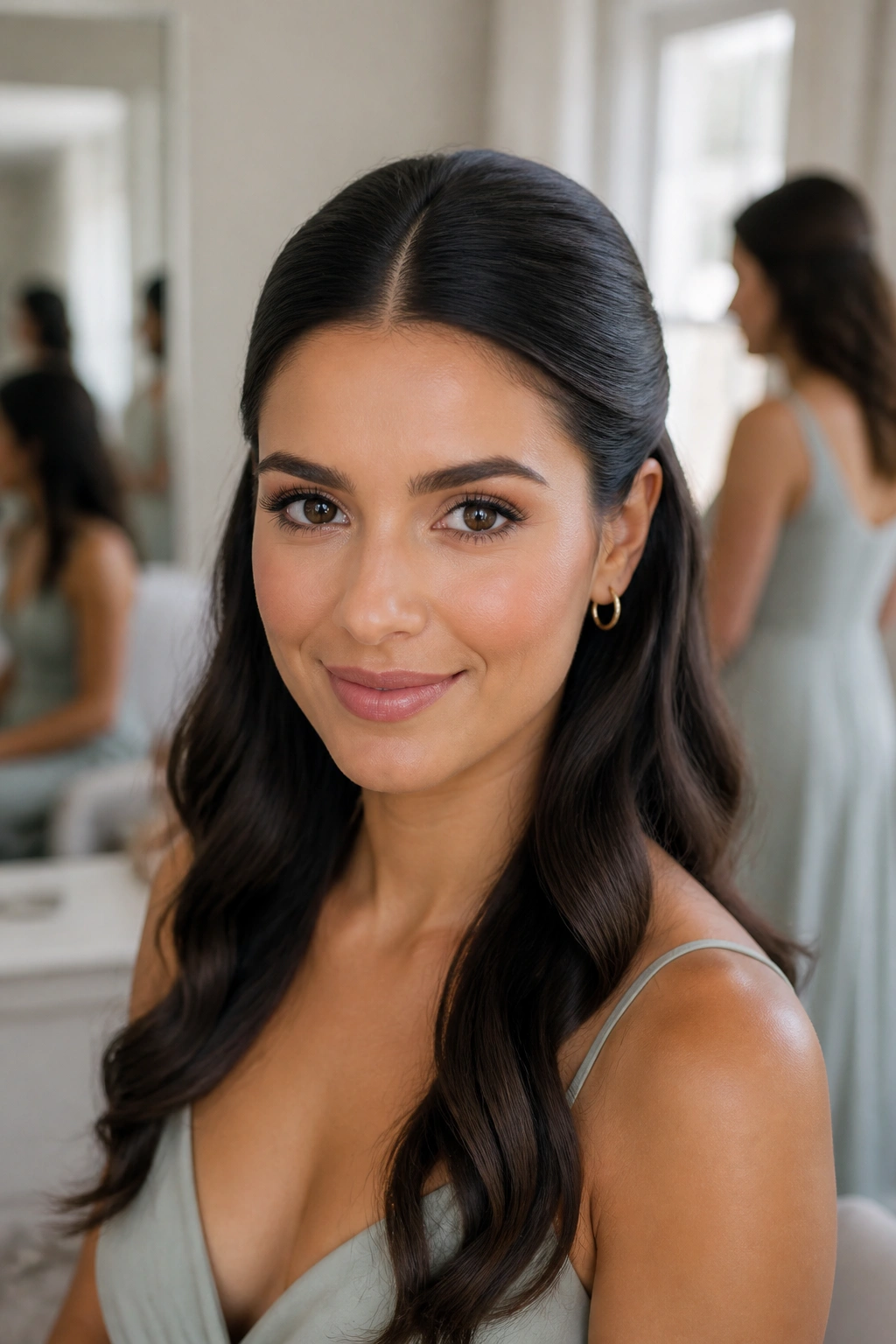 Portrait of a real woman with center-part sleek half-up hairstyle