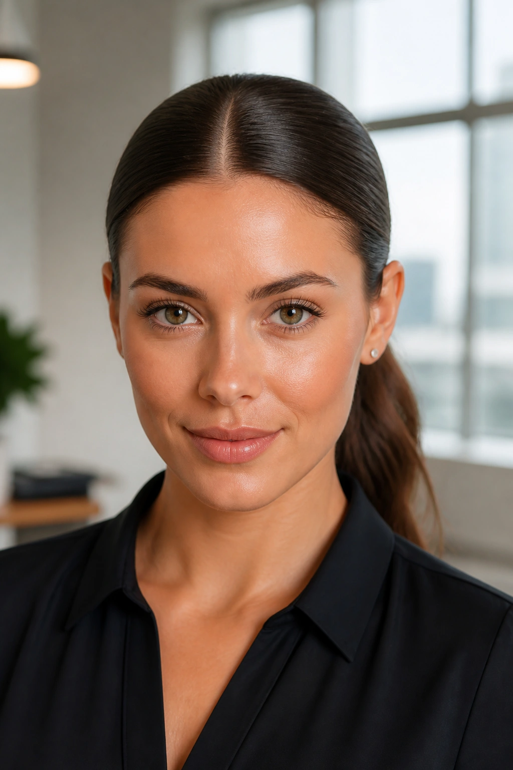 Close-up portrait of a real woman with a center-part sleek ponytail in an office