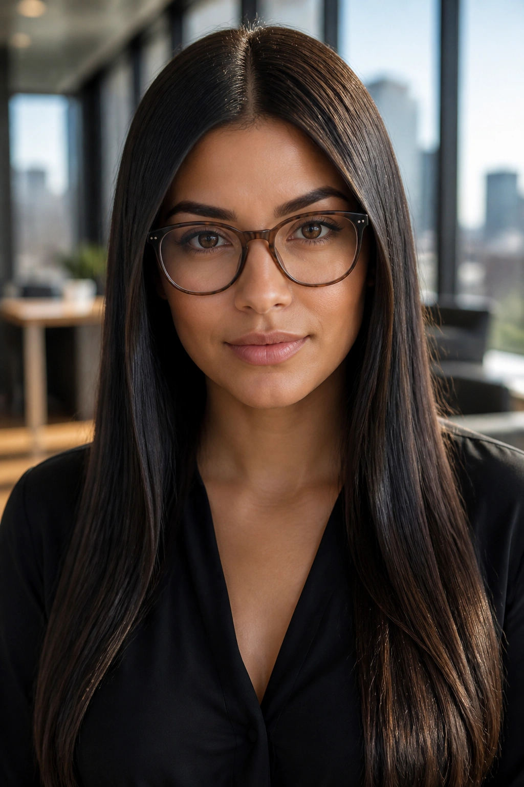 Real person with sleek center-parted straight hair