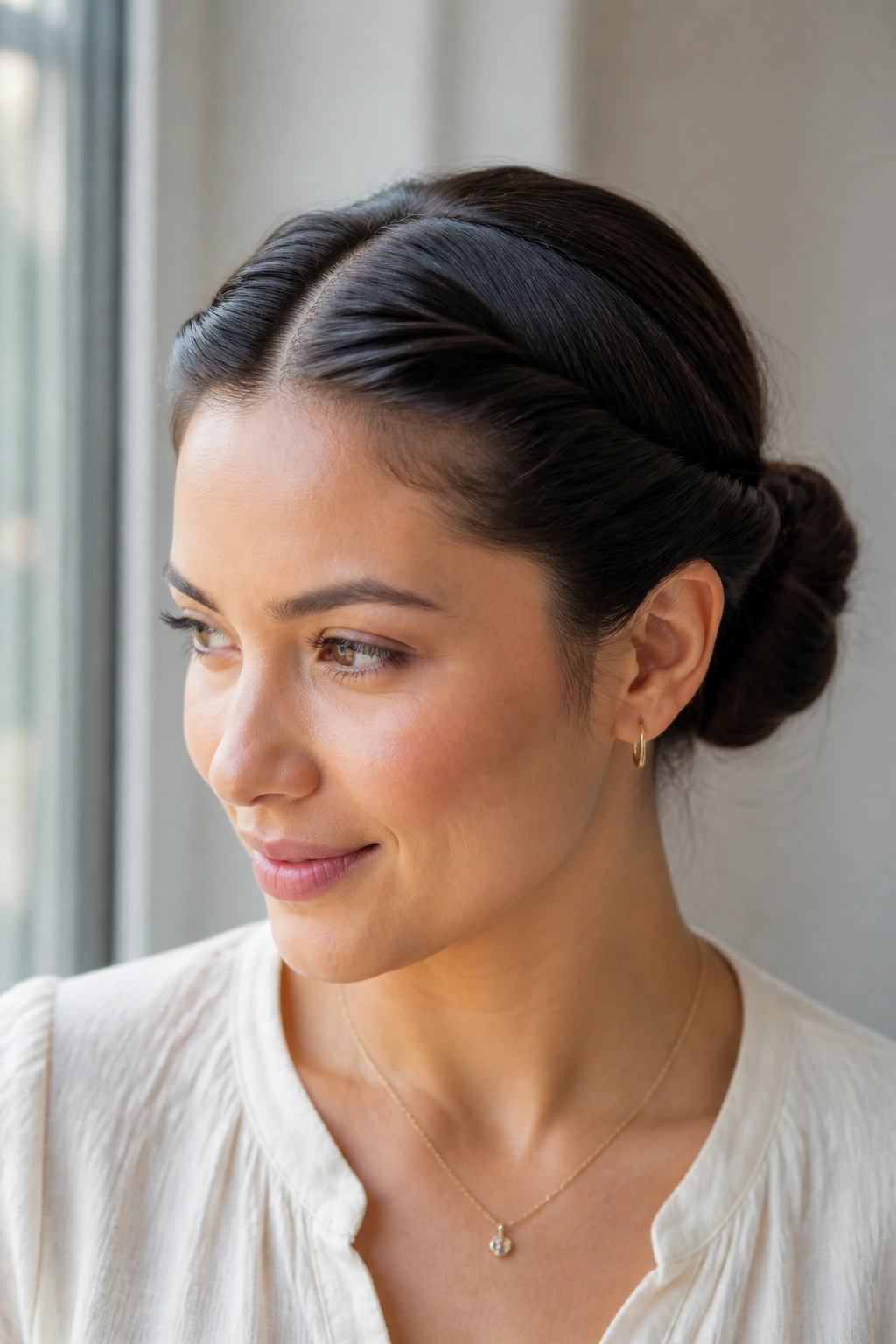 Close-up of a woman with a center-part twist bun at the nape