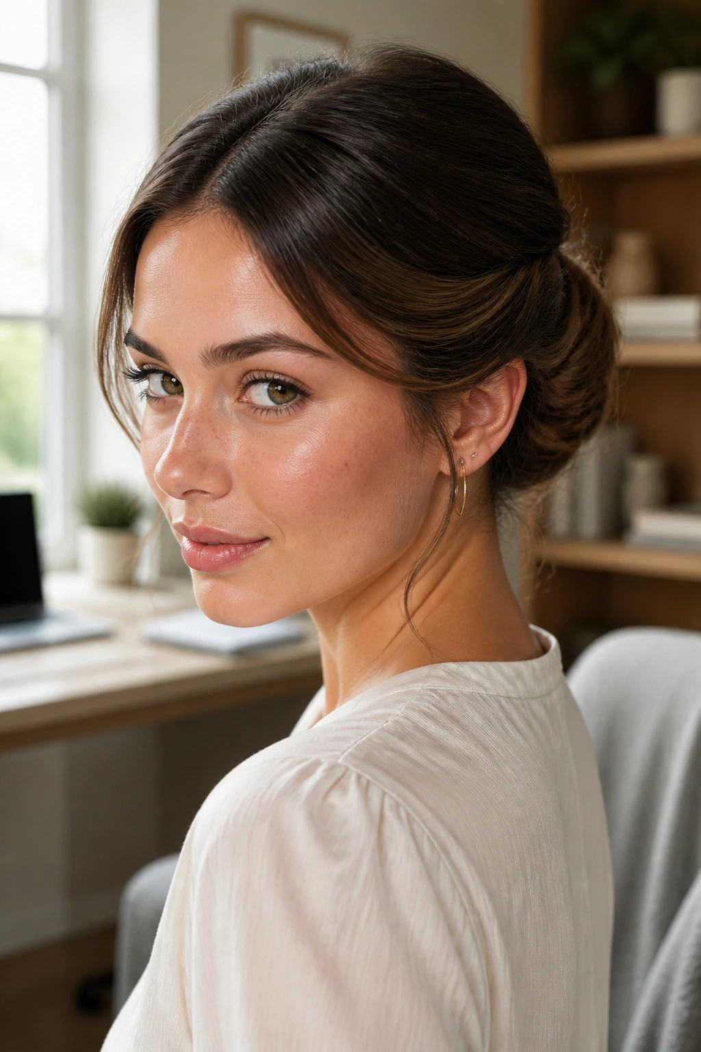 Close-up of a real woman with a center-part twist bun and wrapped finish