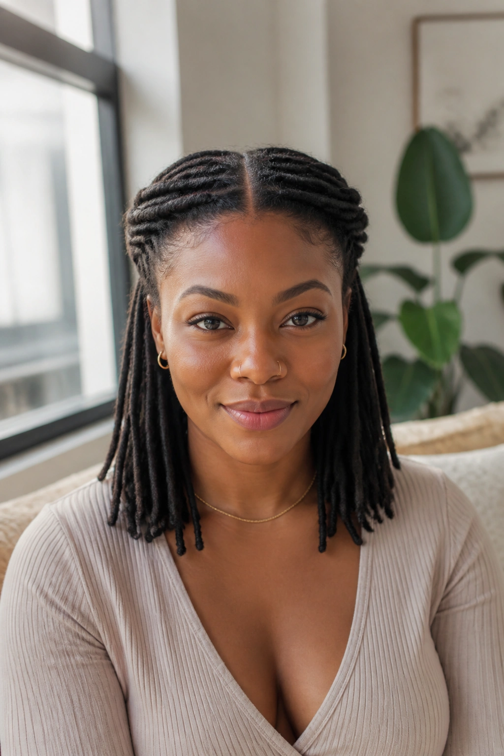 Front portrait of a real woman with a center-part twisted crown hairstyle