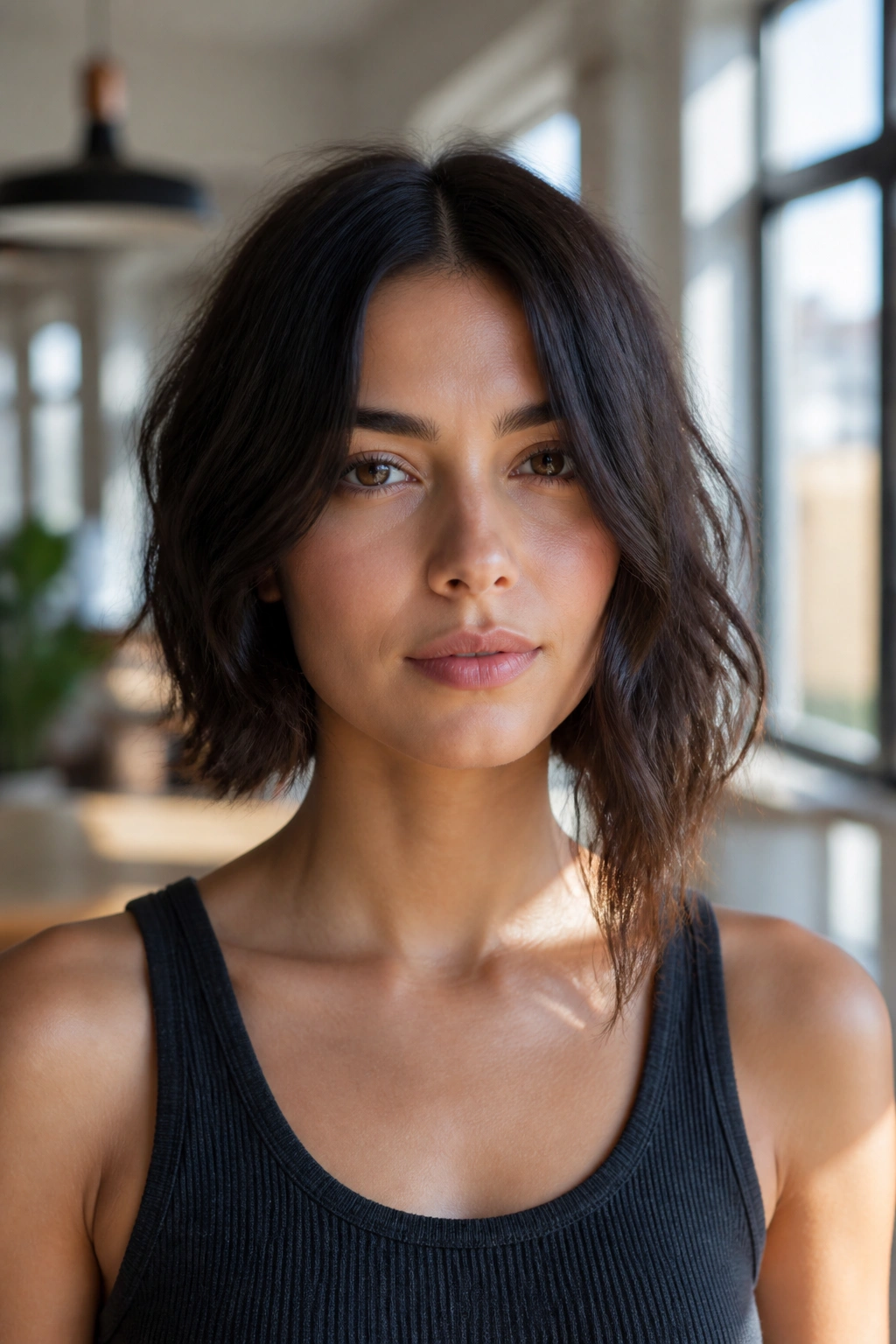 Real woman center-part bob with subtle uneven lengths in sunlit setting