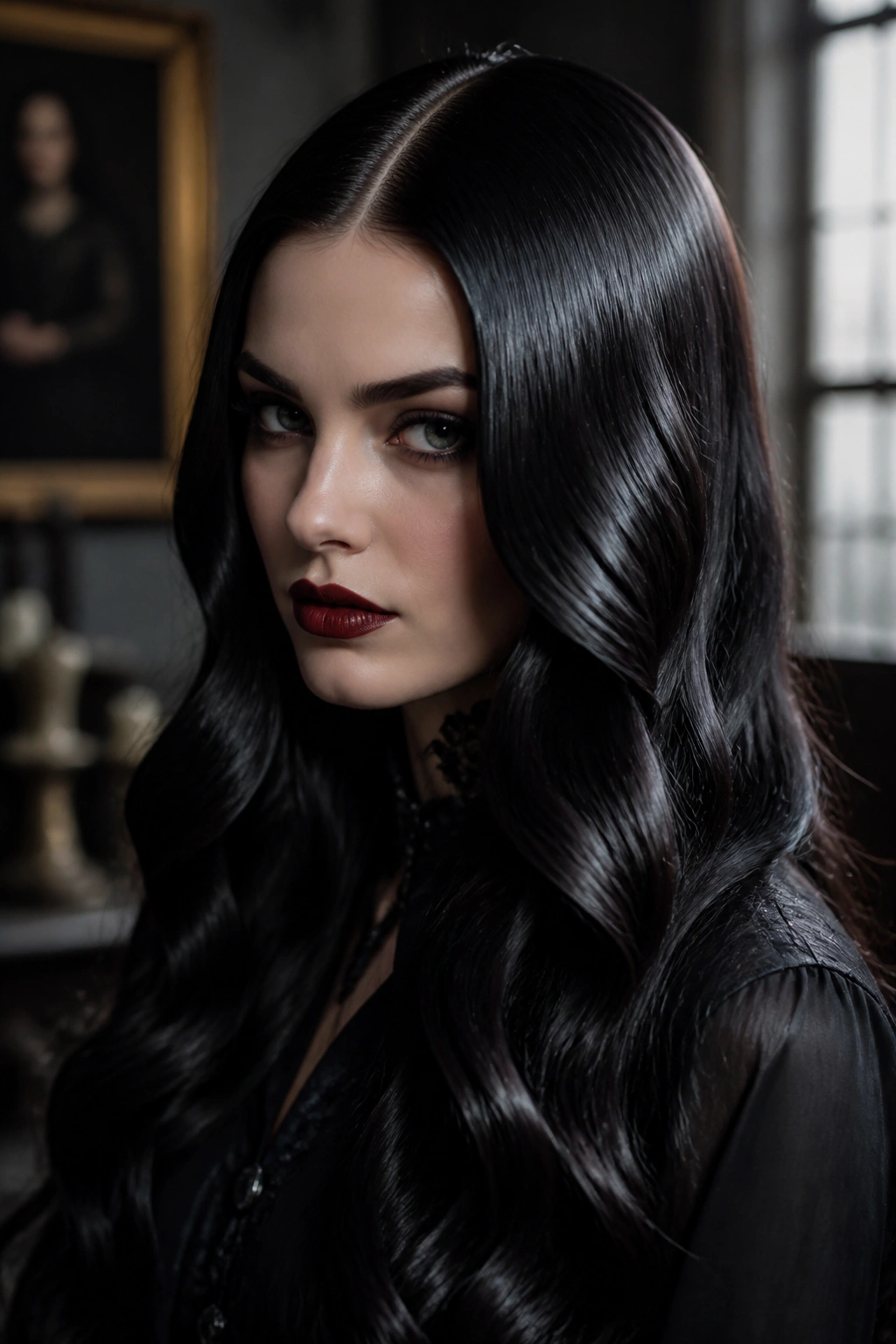 Close-up of a real woman with center-part sleek waves on long dark hair