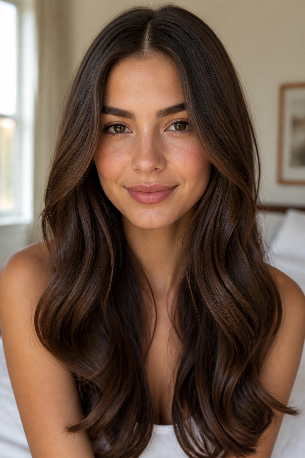 Close-up of a real woman with center-parted soft waves and polished ends in natural window light