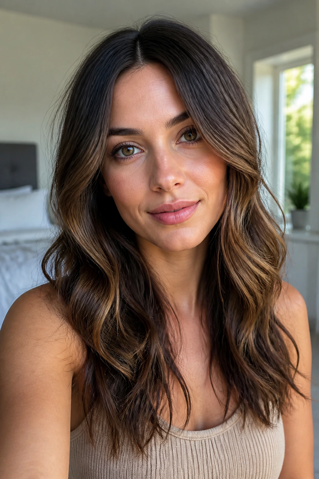 Real woman with center-part hairstyle and loose waves framing the face