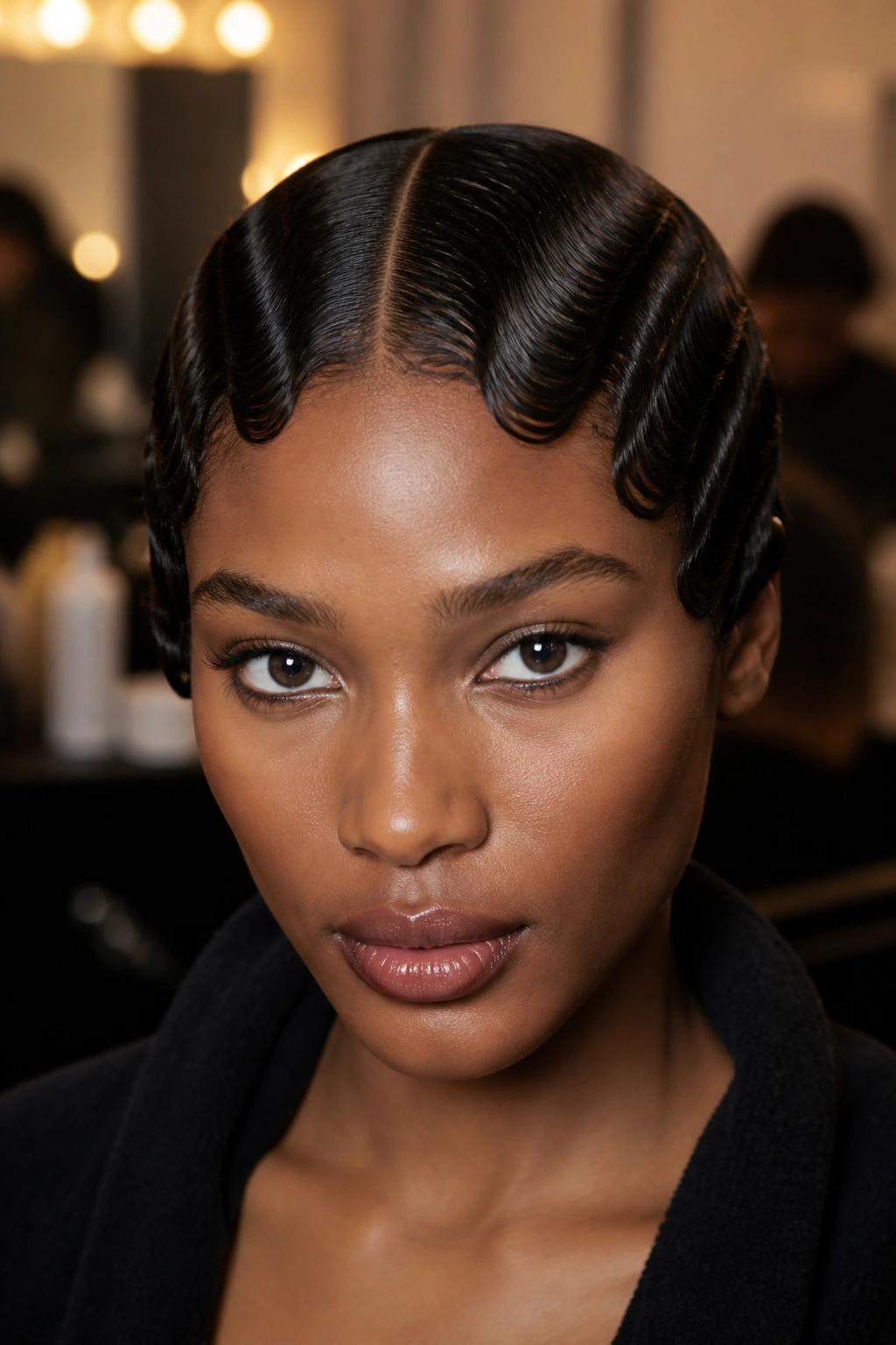 Close-up of a real woman with a center-part finger wave hairstyle
