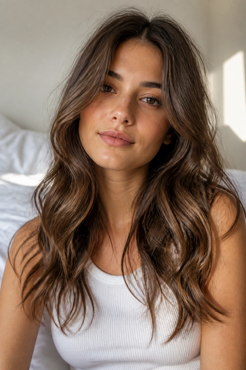 Close portrait of a real woman with soft center part waves in natural light