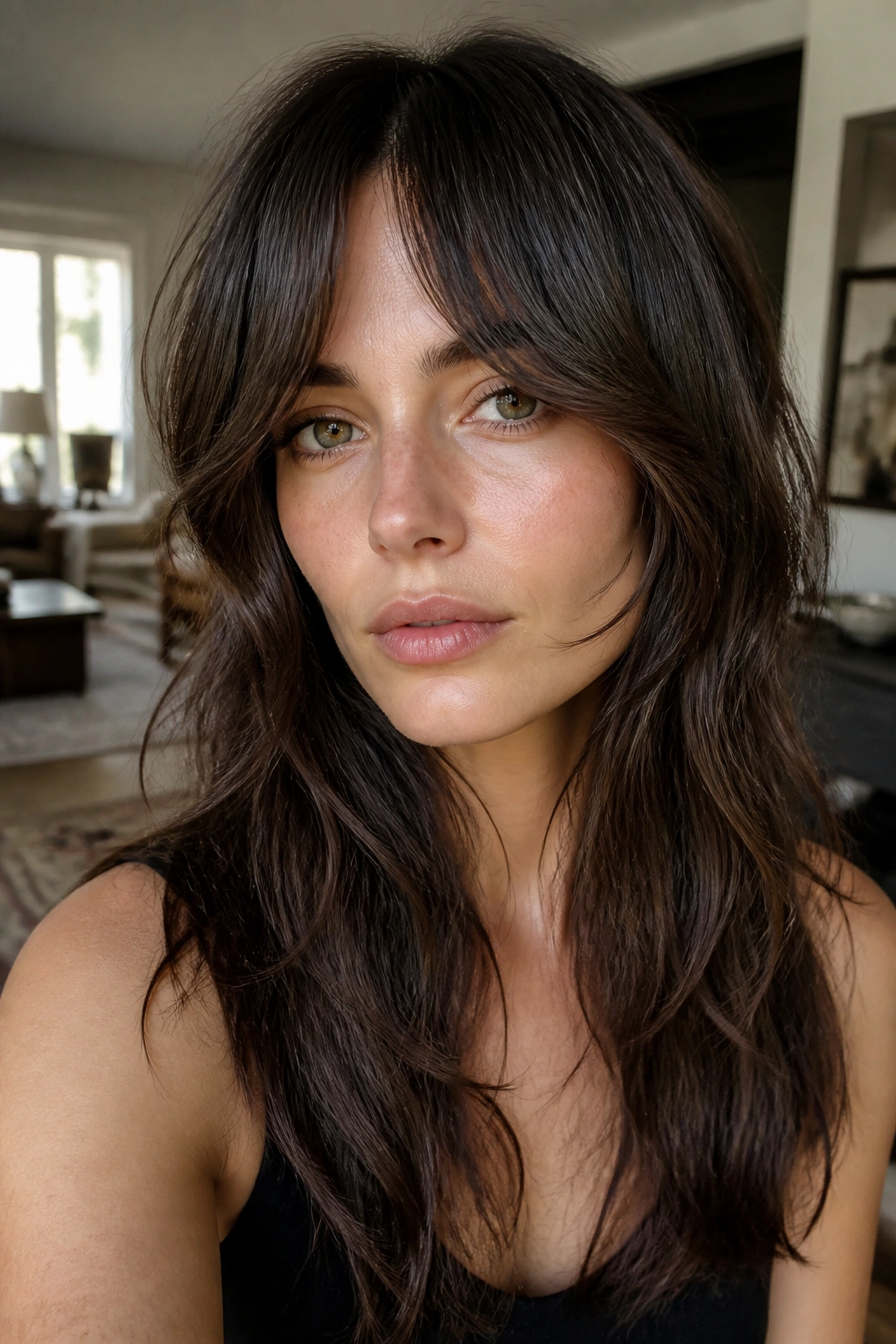 Close-up portrait of a real woman with center-parted bangs and cheekbone layers