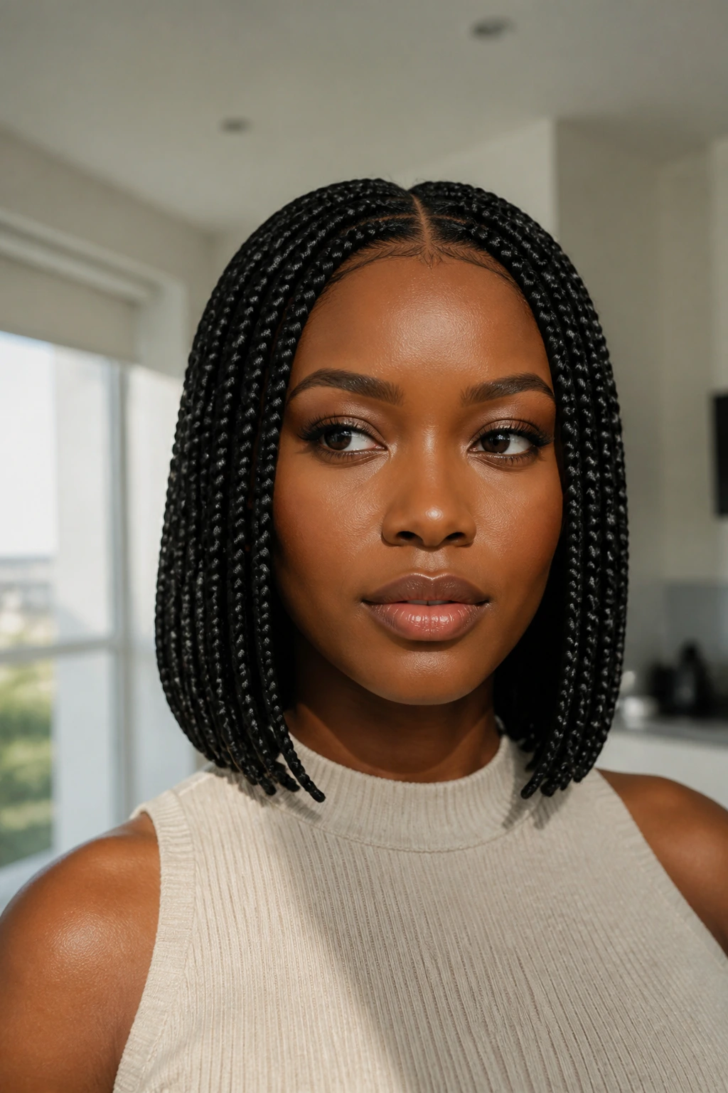 Real woman with center-parted sleek knotless braids in a modern setting