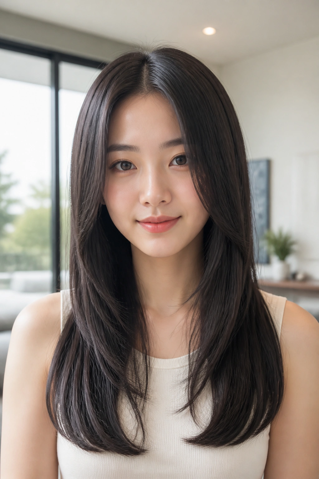 Close-up of a real woman with sleek center-parted long hair and hidden layers.