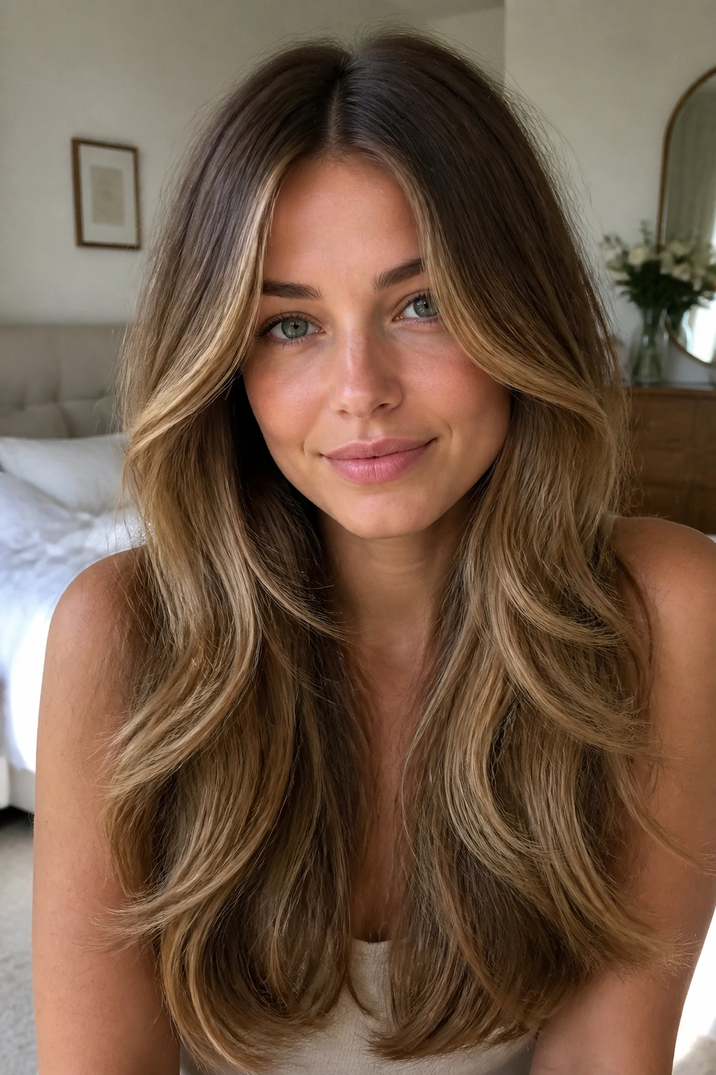 Close-up of a woman with center-parted mermaid layers framing her face.