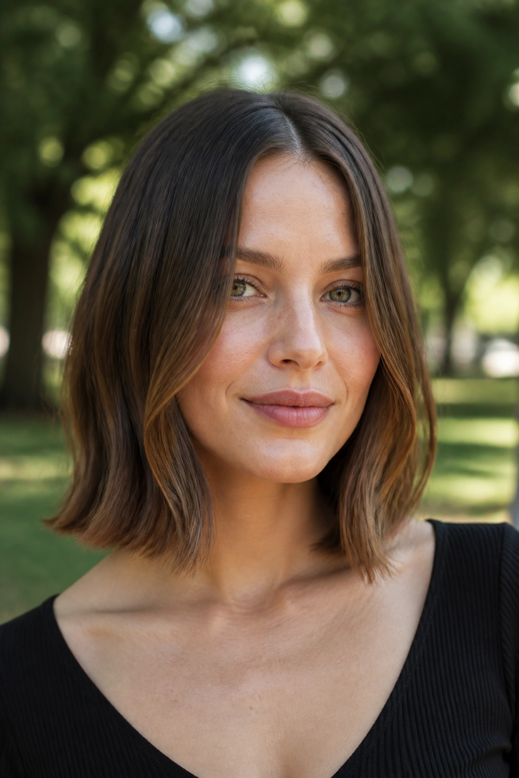 Close-up of a real woman with a center-parted mini lob at collarbone length.