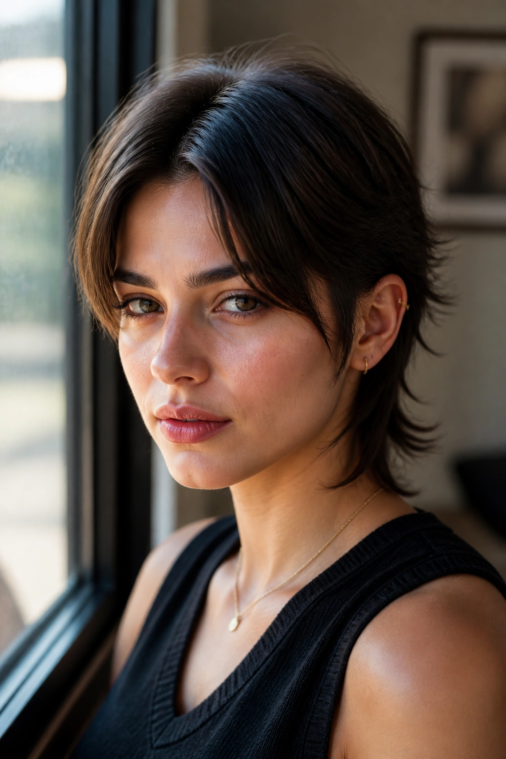 Center-parted pixie mullet on straight hair.