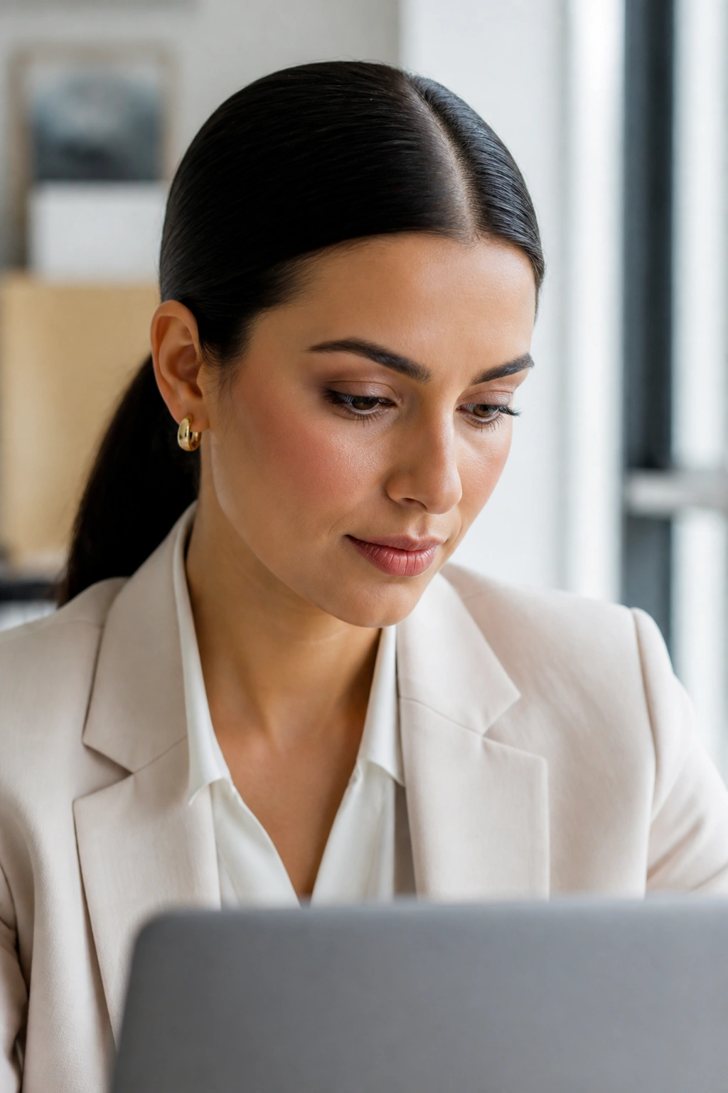 Close-up of a real woman with a smooth center-parted ponytail
