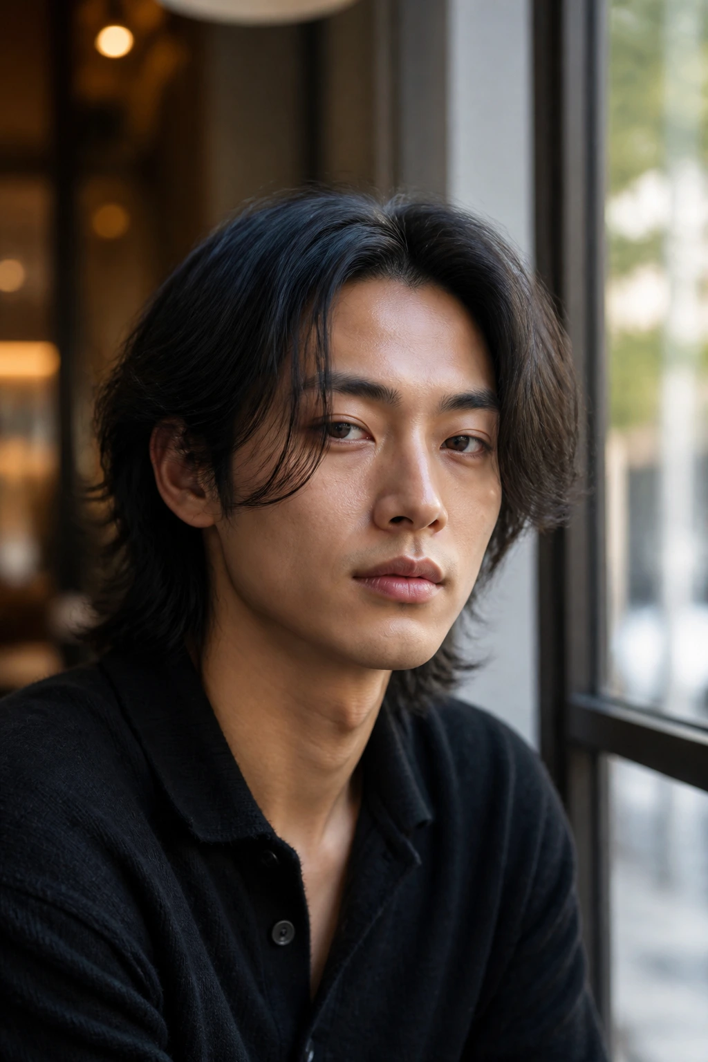 Portrait of a man with center-parted shag and cheekbone-face-framing layers in natural light.