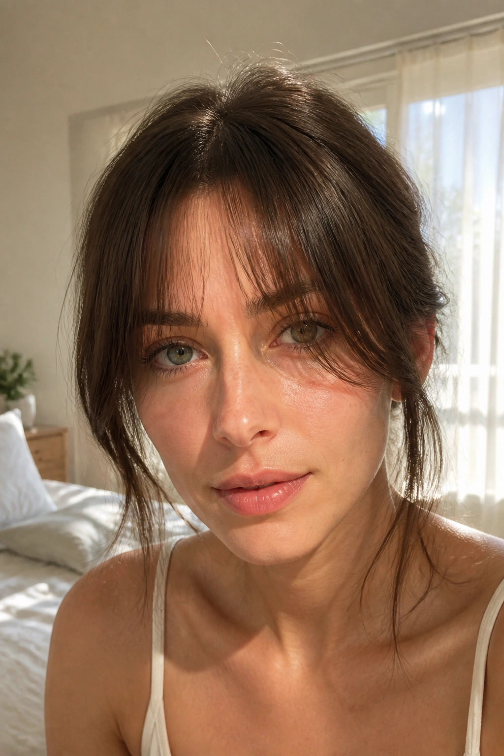 Close-up portrait of a real woman with center-parted wispy bangs and soft eye framing.