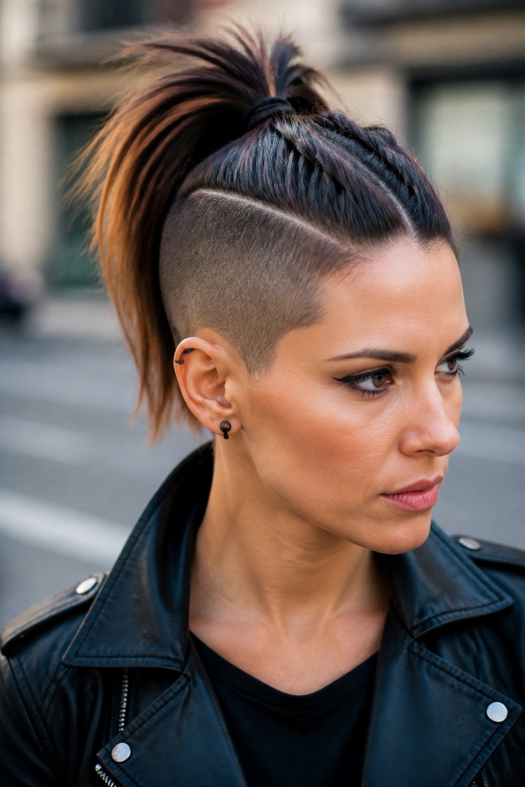 Woman with center strip undercut and high ponytail