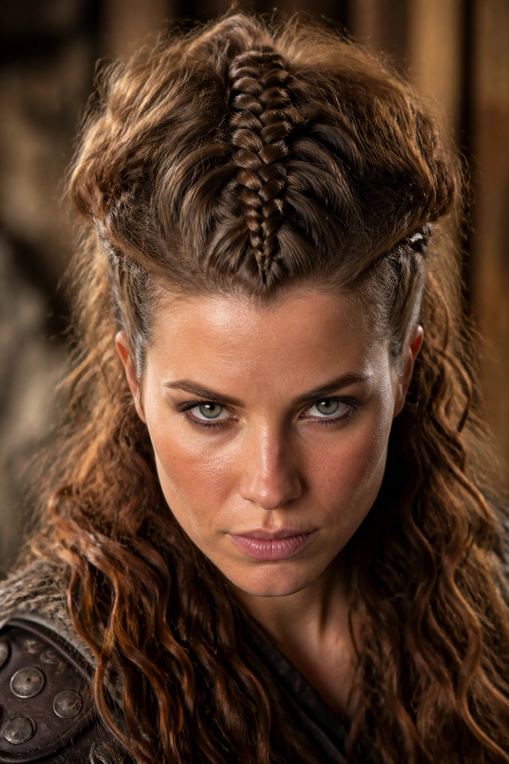 Close-up of a real woman with a center warrior braid and lifted roots in a cozy indoor setting