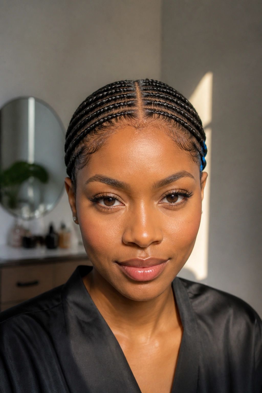 Close-up of a real Black woman with a center-part mini feed-in braids