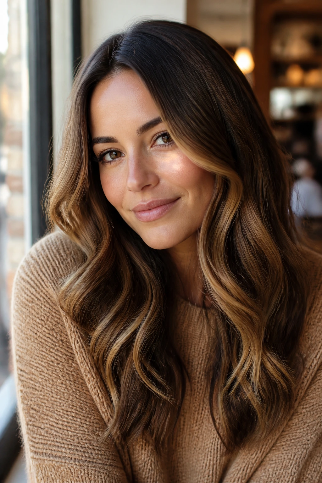 Close-up portrait of a woman with chai latte dimension hair showing balanced warm tones