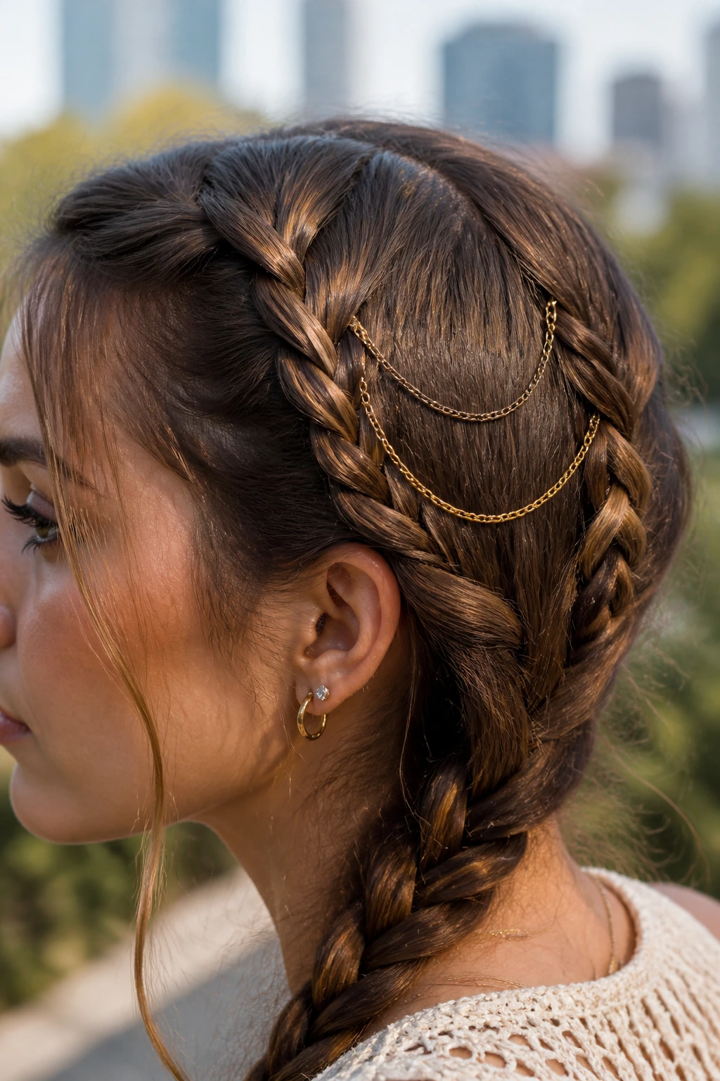 Twin braids with a delicate chain draped between them on a real person