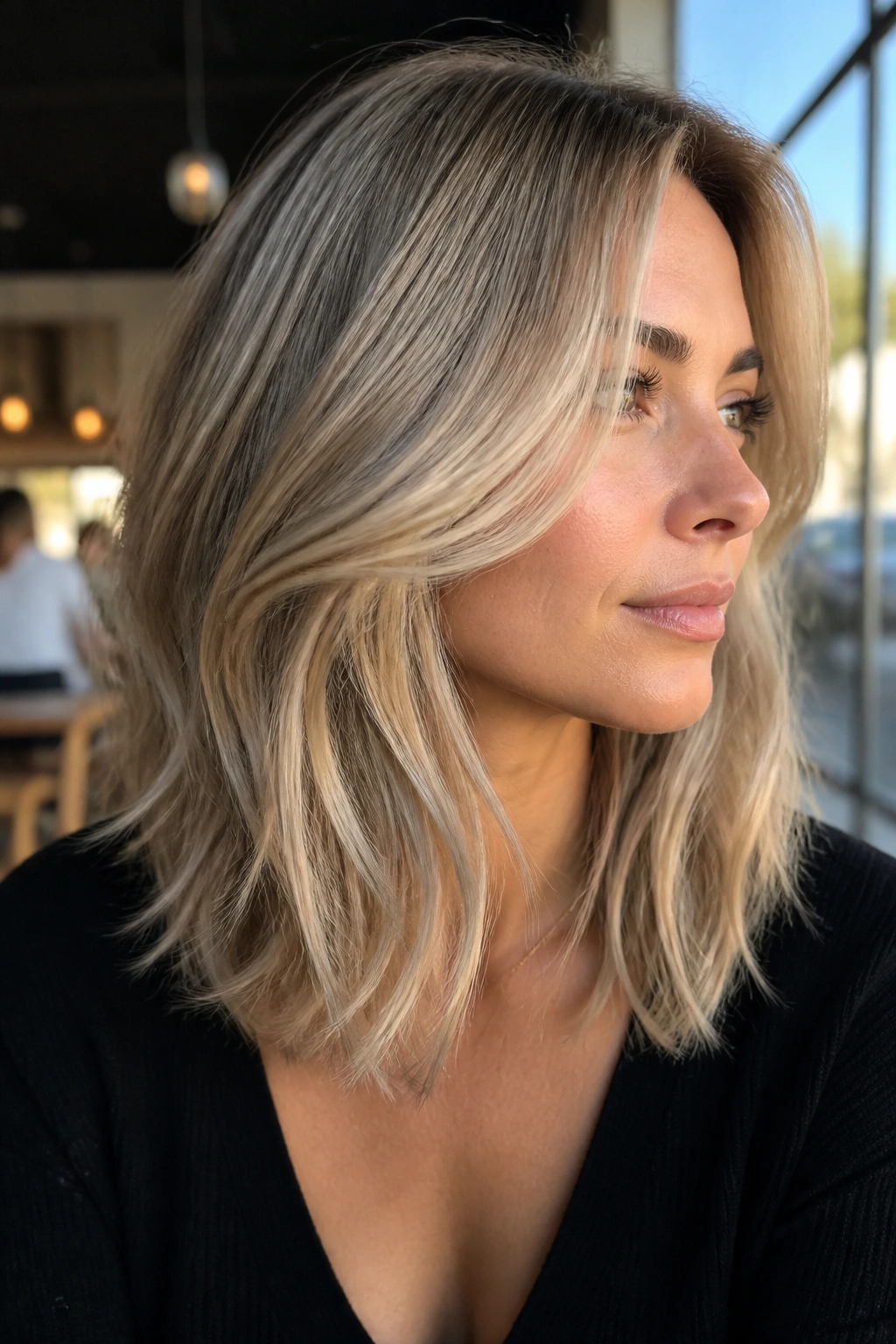Close-up portrait of a woman with champagne-ash blonde hair and layered lob.