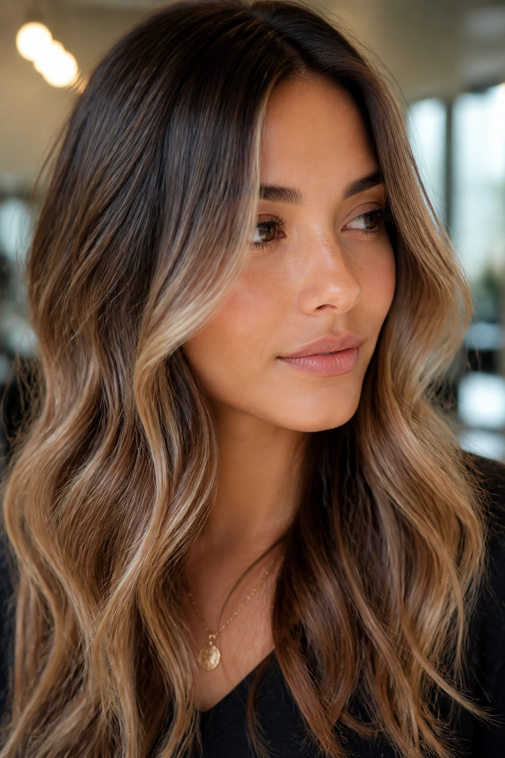 Close-up portrait of brunette with champagne babylights framing the face