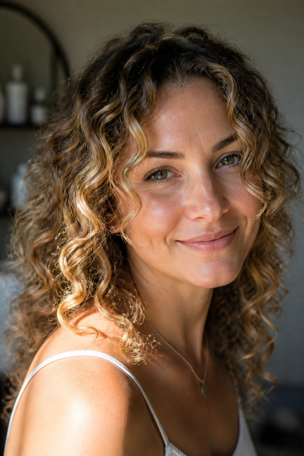 Fine curly hair with champagne babylights around the front