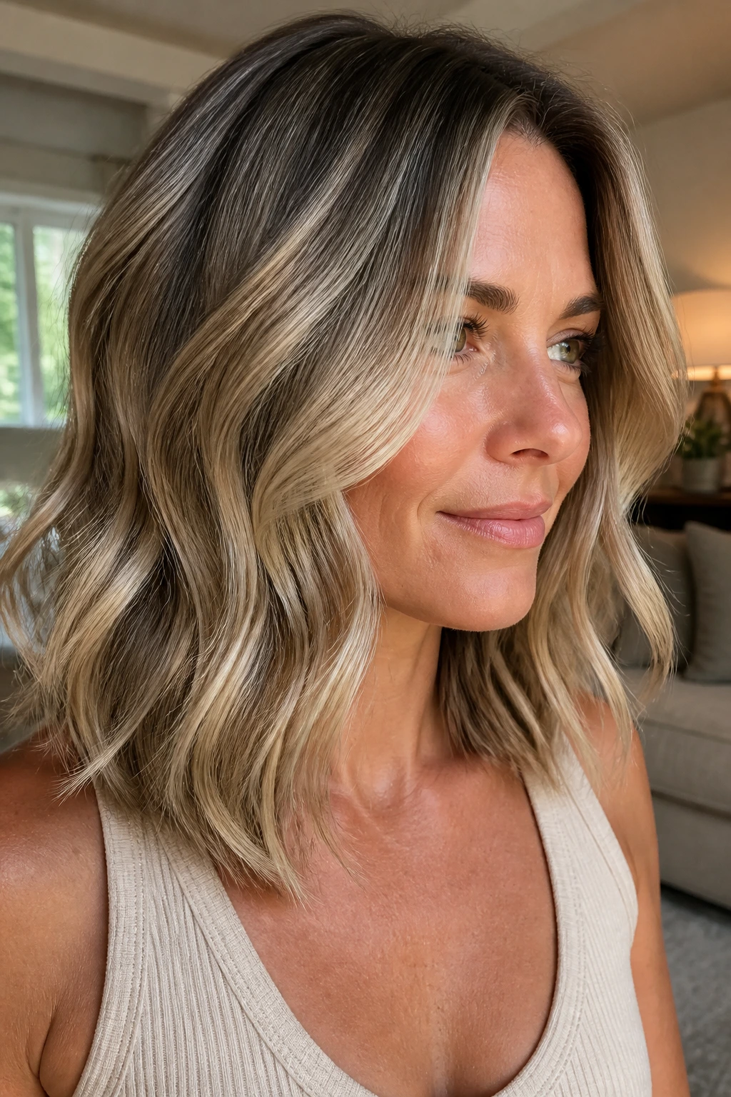 Close-up portrait of a real woman with champagne balayage on a neutral base