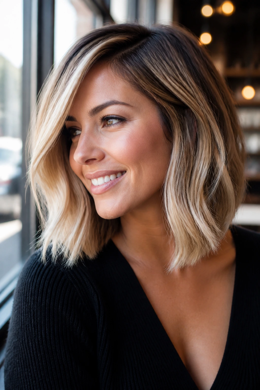 Close-up of a real woman with champagne balayage on a side-parted lob.