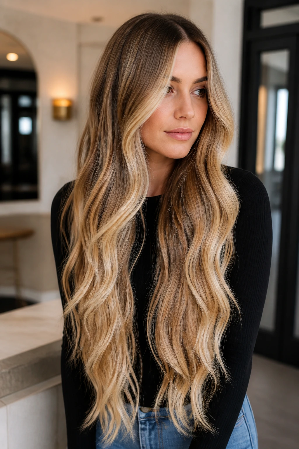 Close-up portrait of a real woman with champagne balayage waist-length hair.