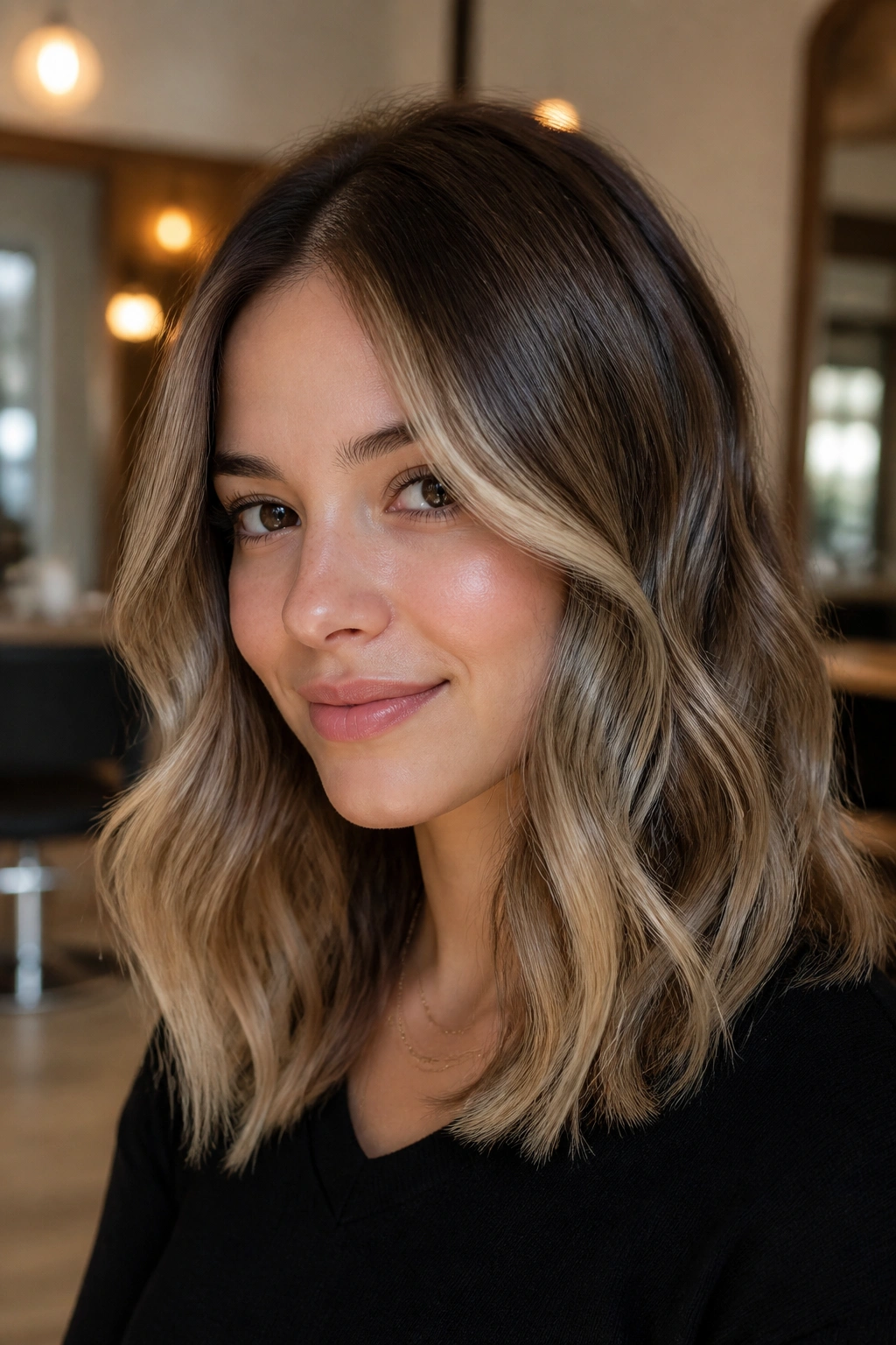 Close-up of brunette with champagne beige balayage for a subtle glow